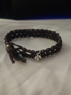 Handwoven Brown Hemp Bracelet with Leaf Charm